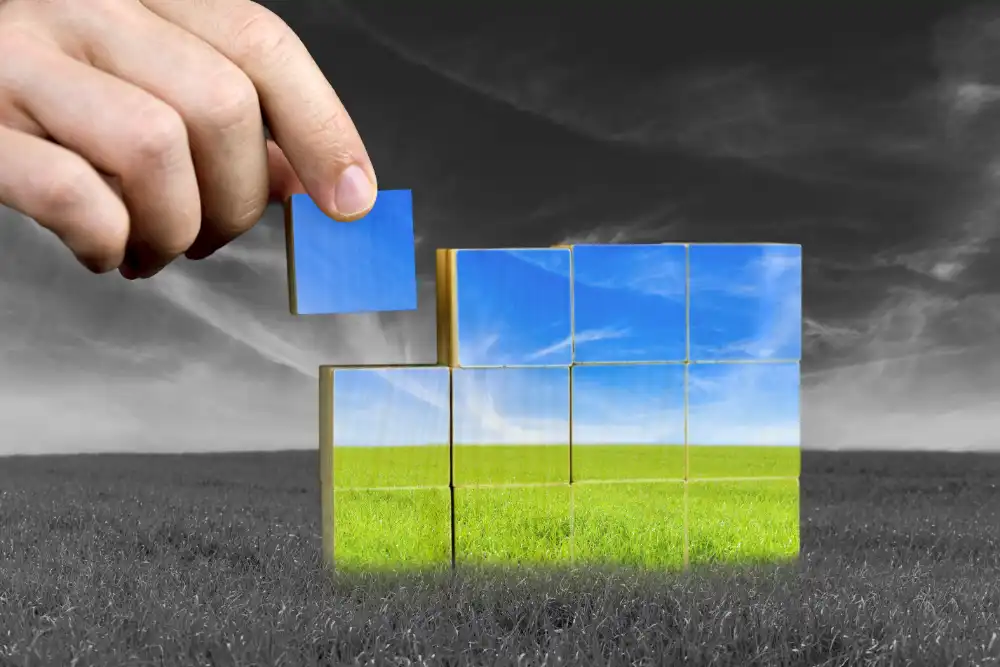 Male hand placing last piece of a cube of colour grass field.